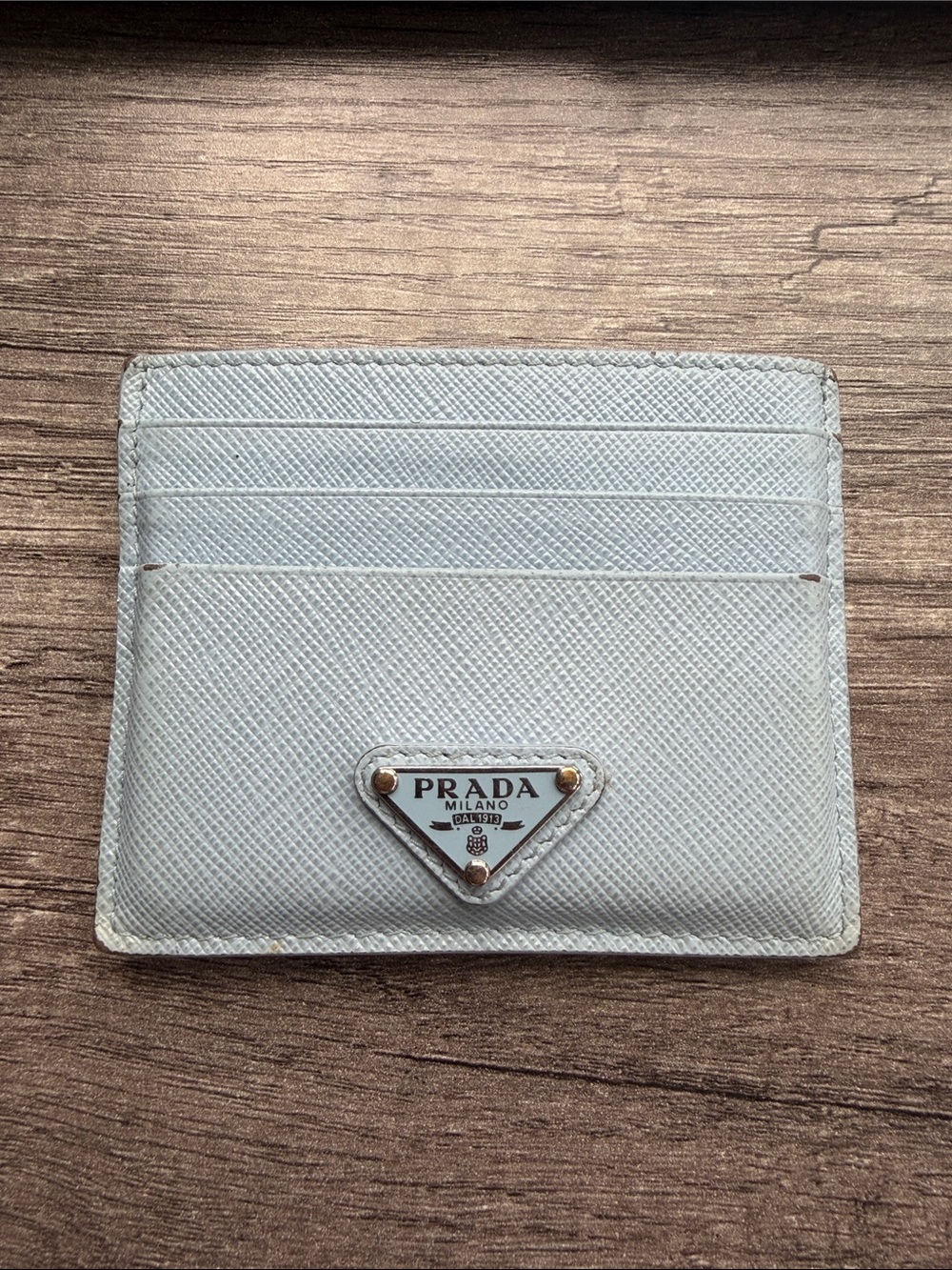 Prada Light Blue Saffiano Leather Card Holder with Triangular Logo